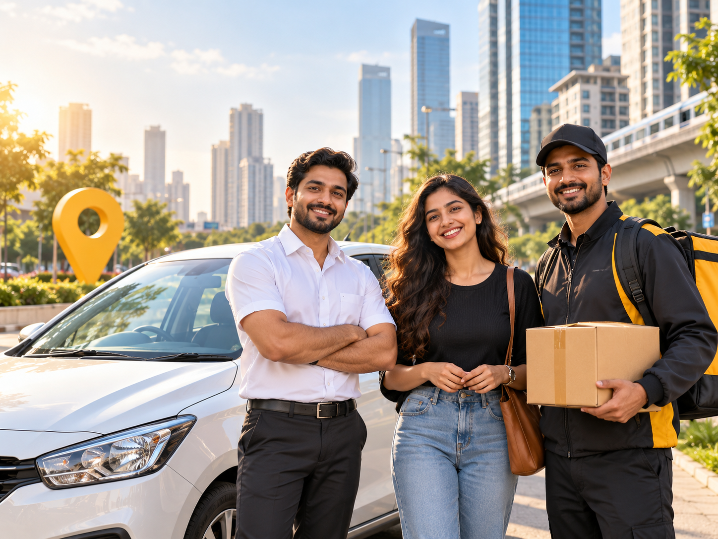 Happy customer, driver partner and delivery partner in a connected city