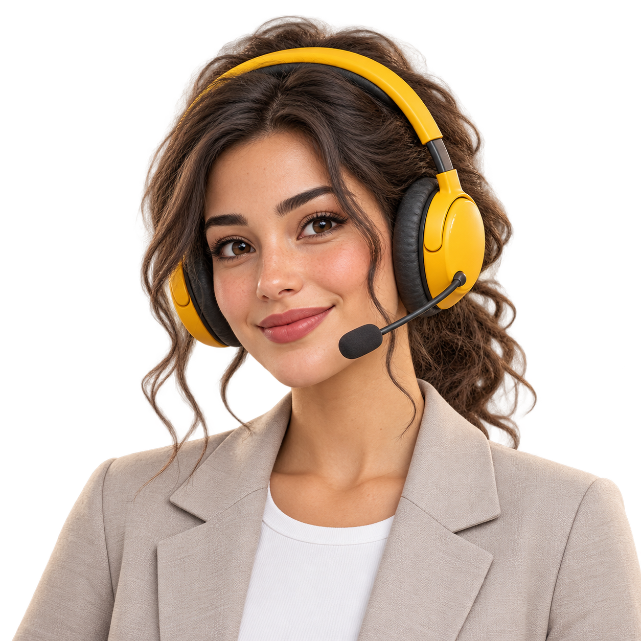 Customer support representative wearing yellow headphones